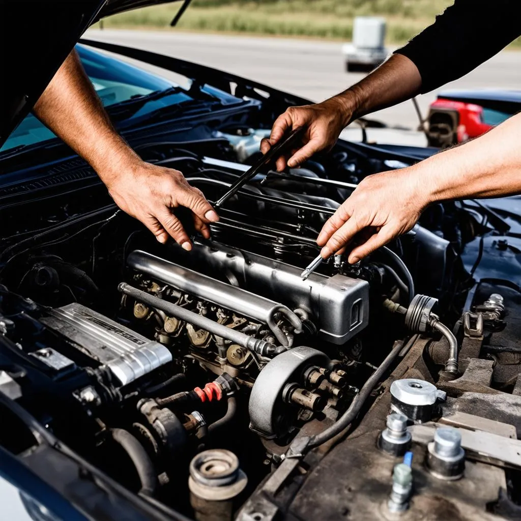 Car engine with a mechanic's hands working on it.